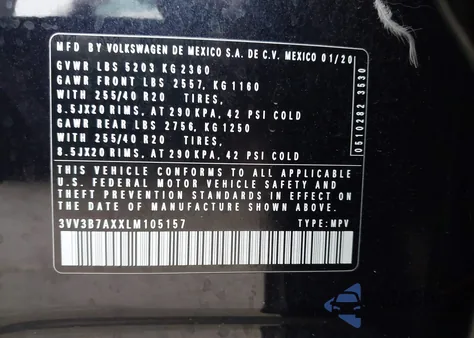 2020 Volkswagen Tiguan 2.0T Se/2.0T Se R-Line Black/2.0T Sel из США, поврежденный, VIN 3VV3B7AXXLM105157